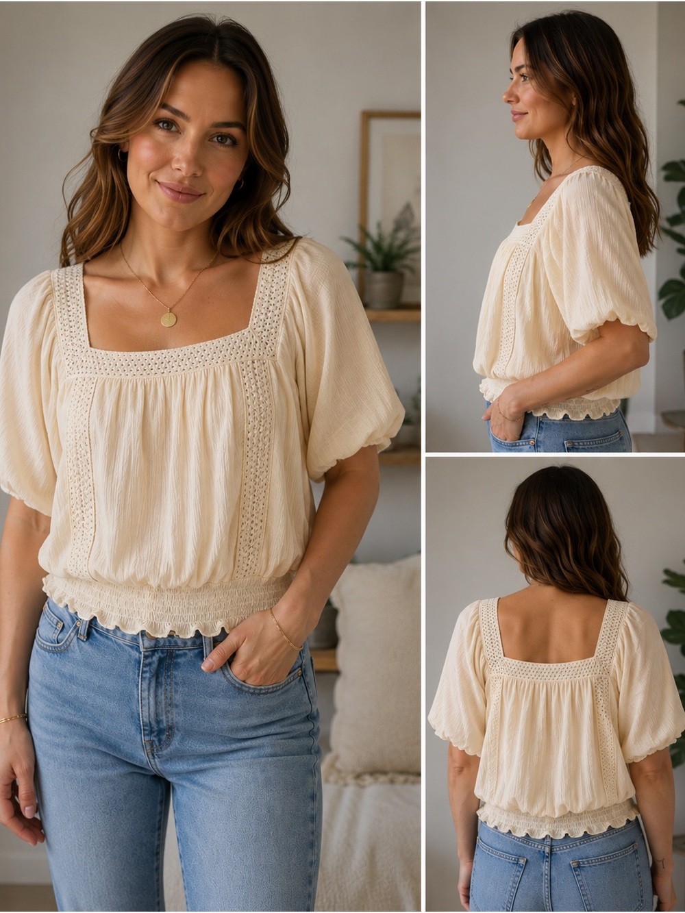 Live and Let Live Boho Peasant Top Cream Crochet Puff Sleeve 1X